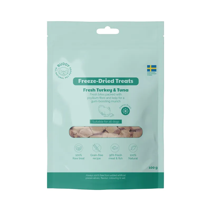 Expressleverans Buddy Pet Foods Buddy Freeze-Dried Treats Fresh Turkey & Tuna 100 g